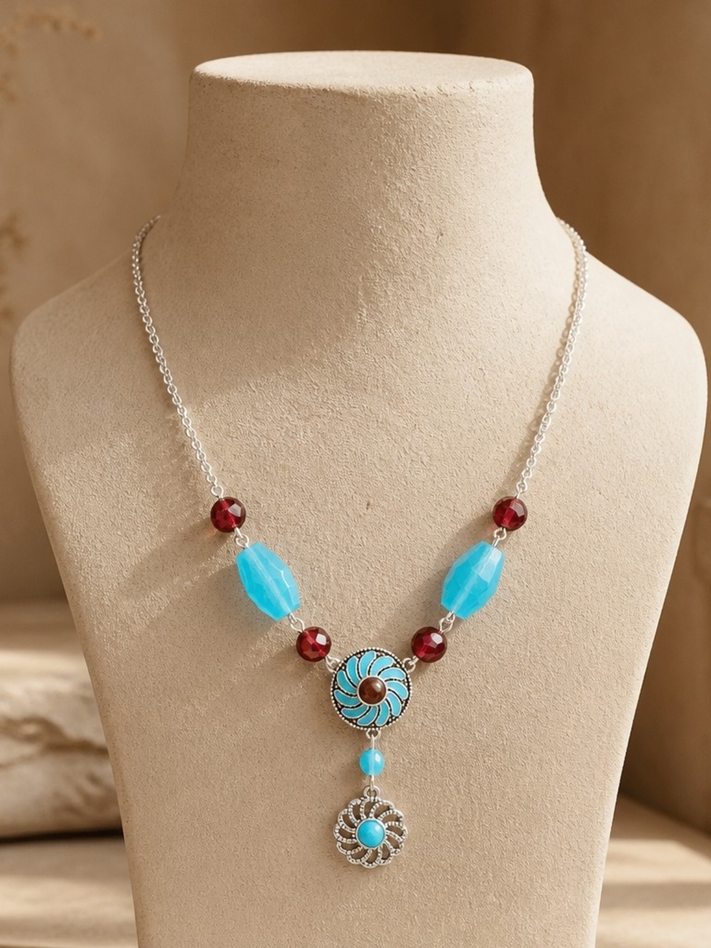 Silver-Tone Turquoise & Garnet Bead Pendant Necklace
